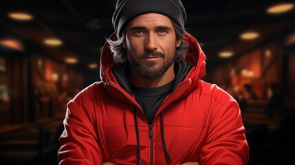 illustration portrait of confident young male in red sweater and jeans with Santa cap looking at camera