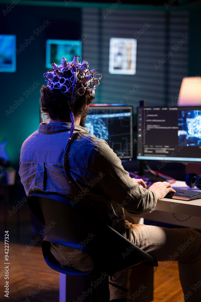 Poster scientist specializing in artificial intelligence uploading his consciousness into computer, using e