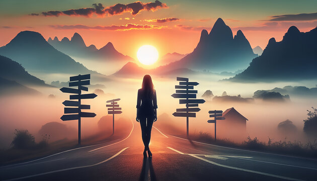 A lone figure walks a marked path toward the mountains under a sunrise or sunset sky, contemplating a journey.