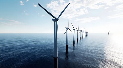 A line of wind turbines stand tall in the ocean, a symbol of renewable energy.