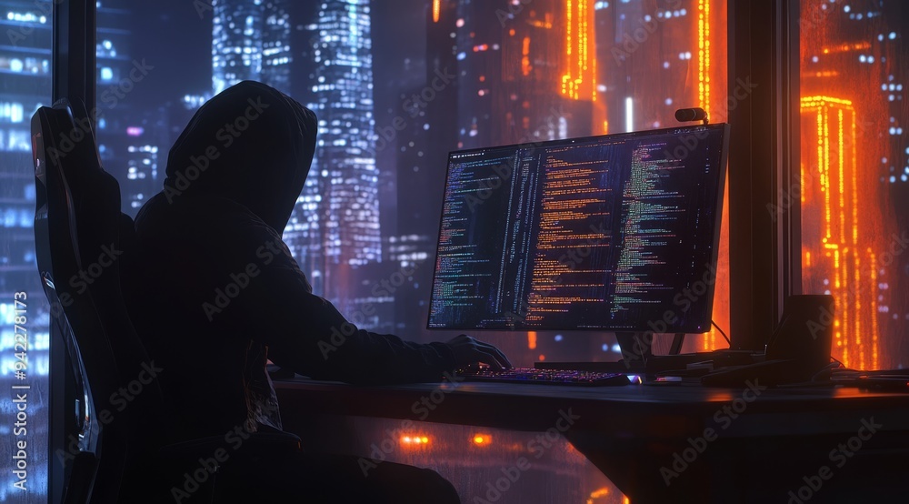 Poster a devoted hacker sits at a desk, fully absorbed in programming and coding, surrounded by a lively, f