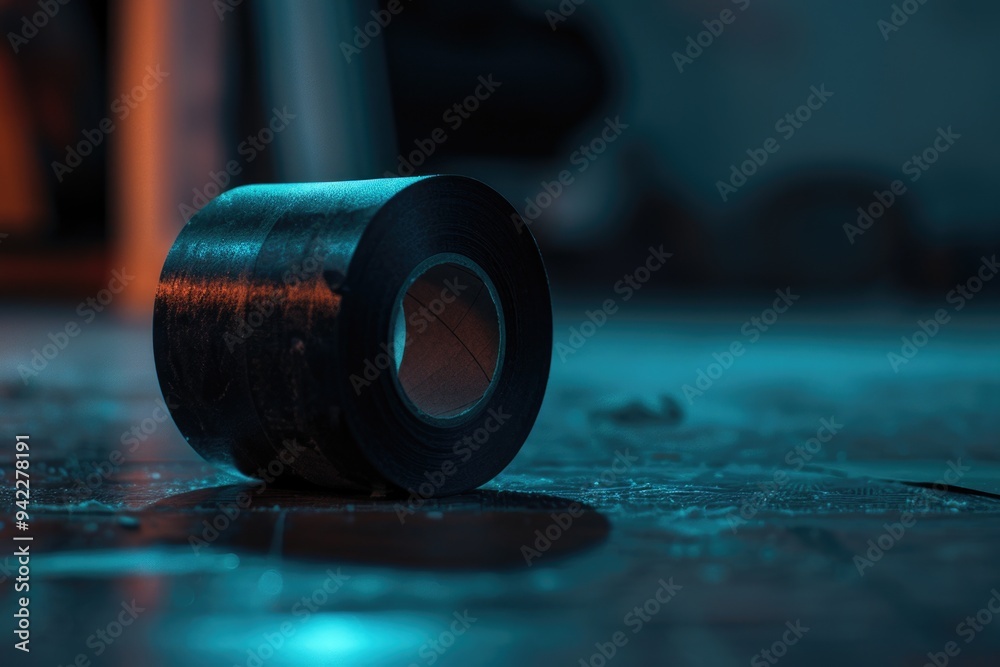 Poster a roll of tape sitting on the floor, ready for use