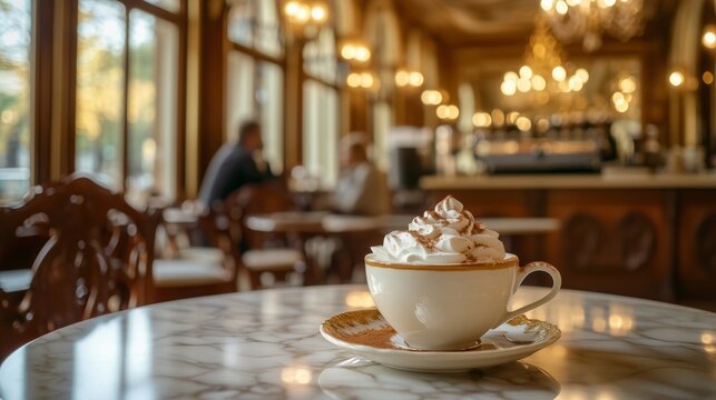 A charming Viennese caf&eacute; features coffee with whipped cream, vintage decor, and a warm atmosphere.