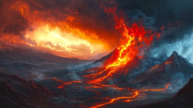 A stunning volcanic eruption showcases the raw power of nature. The fiery lava contrasts against dark clouds. Perfect for nature enthusiasts and artists. Experience the intensity. AI