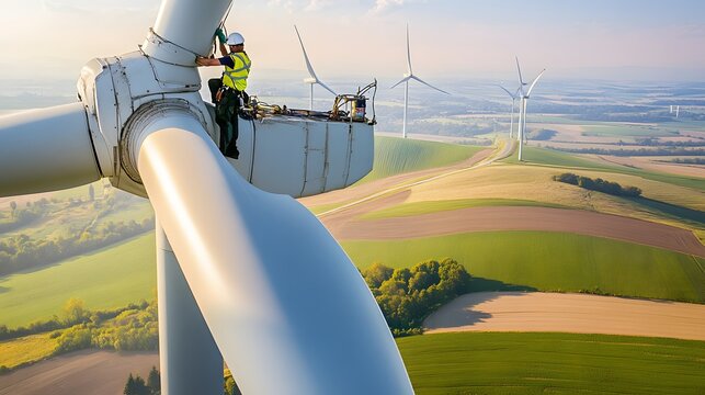A worker in a hard hat and safety vest maintains a wind turbine blade.