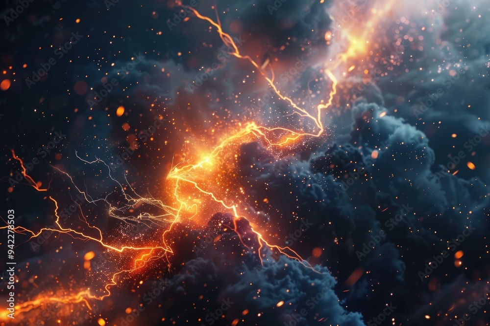 Aufkleber a single lightning bolt illuminated in the sky with dark clouds