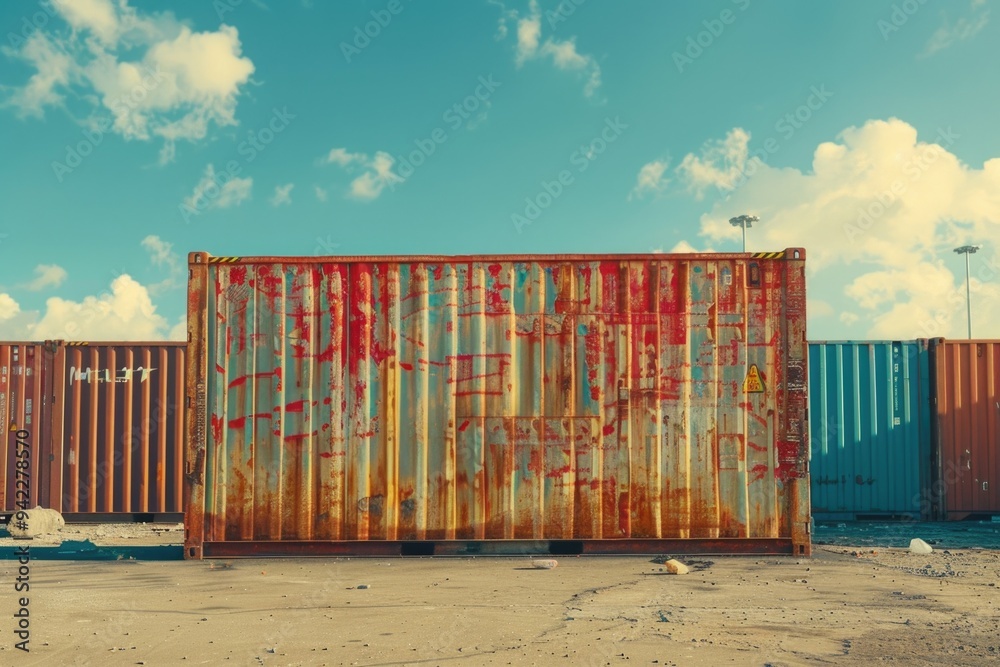 Poster a worn-out container sits idle in a parking area, awaiting its next use