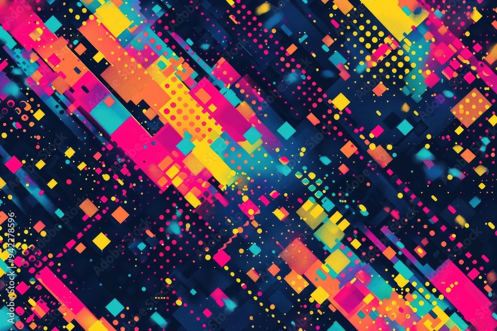 Poster A vibrant geometric design featuring multiple squares in various colors against a dark background
