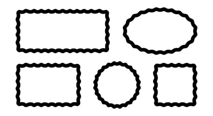 Set of rectangle, oval, round and square frames with wavy borders. Picture or mirror borders with wiggly edges isolated on white background. Empty boxes, tags or labels. Vector graphic illustration.