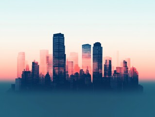 Fototapeta premium A stunning urban skyline at dawn, showcasing vibrant colors and towering buildings in a dreamy, misty atmosphere.