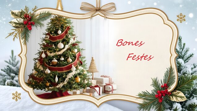 Felicitaci&oacute;n navide&ntilde;a en catal&aacute;n. Bonita tarjeta de felicitaci&oacute;n con las letras en rojo de Bones Festes que significa Felices Fiestas. 