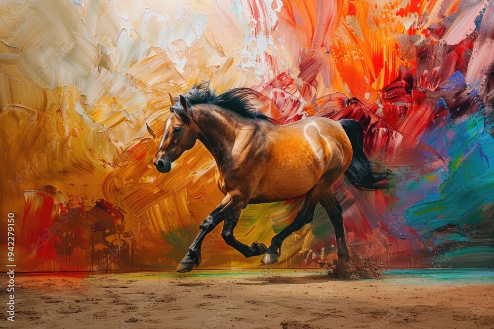 Poster a horse runs freely in front of a vibrant and colorful background, perfect for use in illustrations,