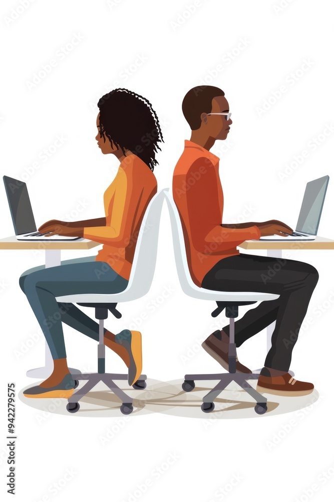 Poster two individuals working on their laptops at a table, possibly collaborating or working independently