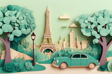 Papercut style illustration, colorful 2D whimsical retro travel poster depicting a famous landmark