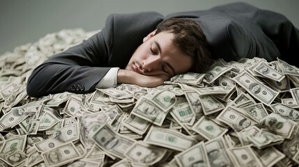 businessman sleeping on a pile of money