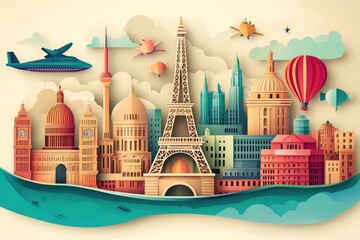 Fototapeta premium Papercut style illustration, colorful 2D whimsical retro travel poster depicting a famous landmark