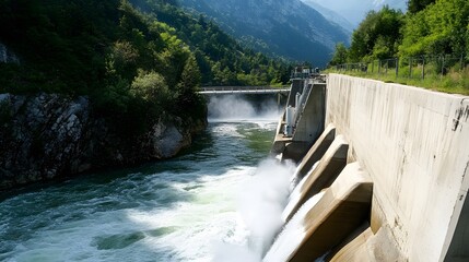 Water rushing over a dam in a mountainous region.