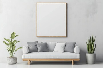 mock up poster frame in modern interior background, minimalistic modern clean empty living room, with plant and furniture. Scandinavian style