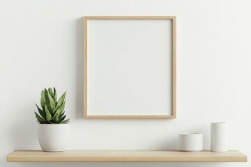 Blank picture frame mockup on wall. Light room minimal design. View of modern scandinavian style interior with artwork mock up on wall. Home staging and minimalism concept