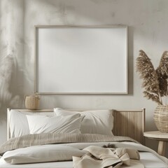 African minimal interior design close-up, white empty frame mockup, modern bedroom background