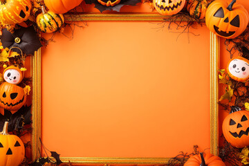Halloween pumpkins and leaves on an orange background. Perfect for creating Halloween party invitations or posters.