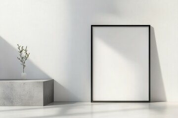 Blank picture frame mockup on wall. Light room minimal design. View of modern scandinavian style interior with artwork mock up on wall. Home staging and minimalism concept