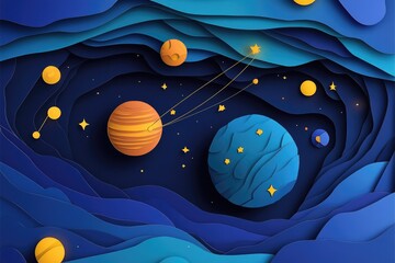 Papercut style illustration, colorful 2D whimsical celestial scene featuring the wonders of the night sky