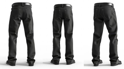 Back view of a man wearing black jeans with a belt. The man is standing with his legs slightly apart.