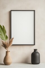 Blank picture frame mockup on wall. Light room minimal design. View of modern scandinavian style interior with artwork mock up on wall. Home staging and minimalism concept