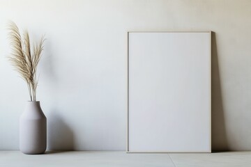 Blank picture frame mockup on wall. Light room minimal design. View of modern scandinavian style interior with artwork mock up on wall. Home staging and minimalism concept