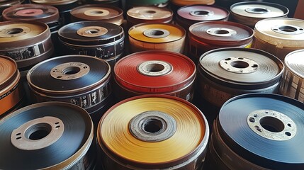 Fototapeta premium Vintage 8mm home movies on film reels with film leaders and spools