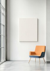 Blank empty frame poster mockup. Blue and orange furniture against white wall with art frame Scandinavian interior design of modern living room