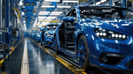 Modern car mass production assembly line in a busy factory