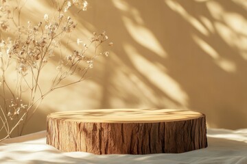 Empty table top wooden counter podium. minimal round empty wooden stump stage for show product, empty product display scene, luminous shadows