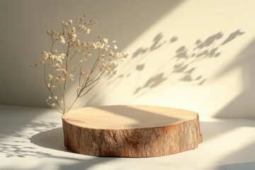 Empty table top wooden counter podium. minimal round empty wooden stump stage for show product, empty product display scene, luminous shadows