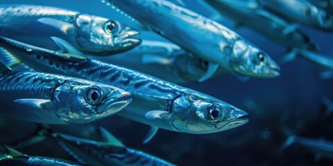 Close up of a shoal of barracuda fish in the deep blue ocean