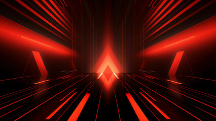 Glowing Red Lines Within a Room Converging on a Triangle. Abstract Art Background.