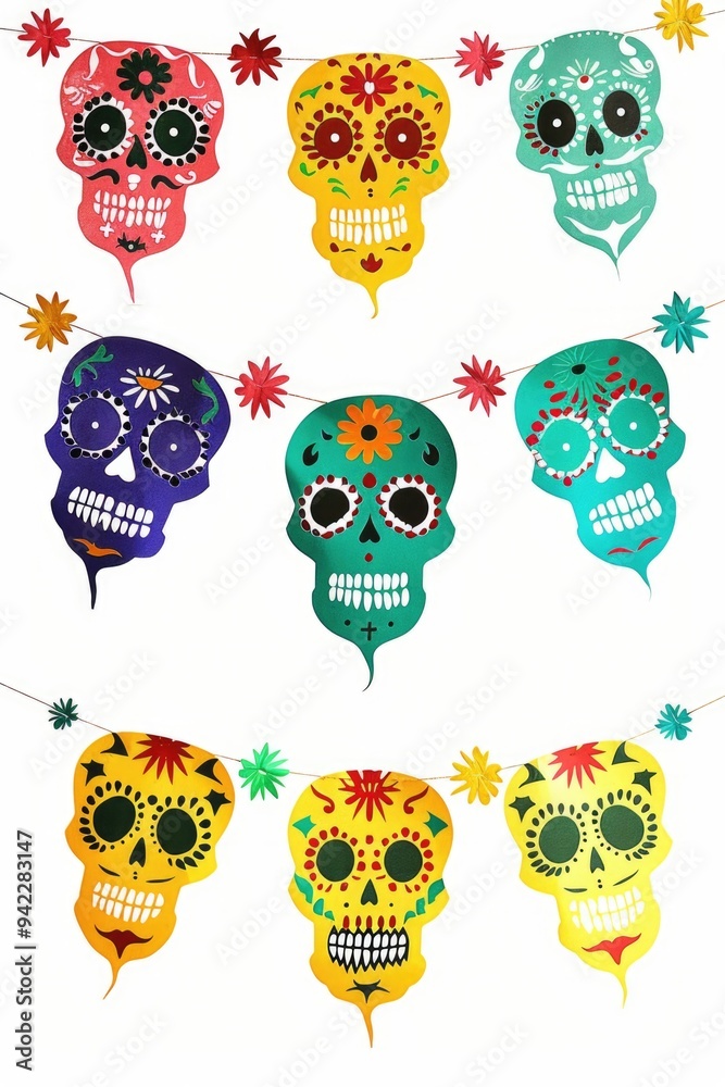 Aufkleber a colorful garland featuring several sugar skulls suspended from a string
