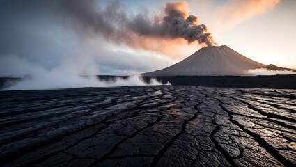 Erupting volcano against a twilight sky, showcasing steam and ash plumes, surrounded by cracked lava fields. Captures the raw power of nature.