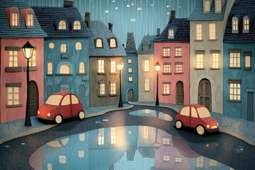 Obraz premium Papercut style illustration, colorful 2D whimsical scene of a rainy city street with reflections