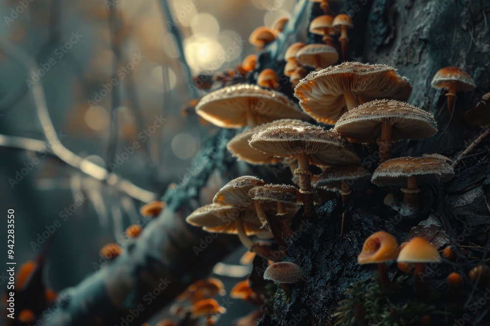 Poster a cluster of mushrooms growing on the trunk of a tree