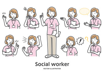 ソーシャルワーカーの女性スタッフの表情としぐさのイラストセット