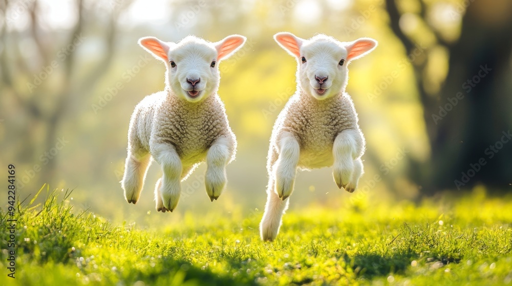 Wall mural Funny two lambs playing at a sunny meadow in the green field. Stock photo