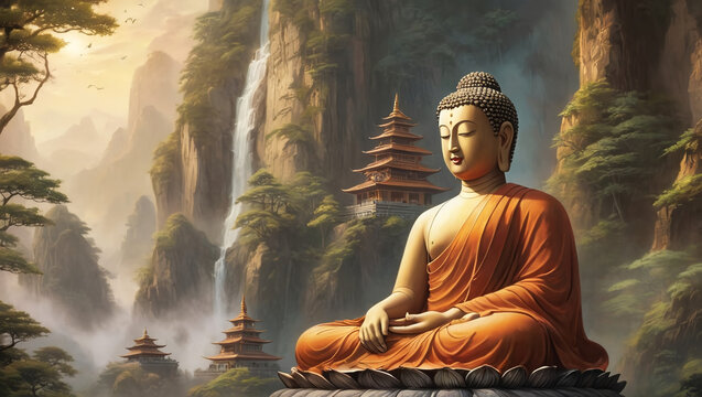 painting of Gautama Buddha Statue at sunset
