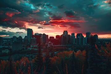 Fototapeta premium Panoramic view of a city at sunset from a hill, suitable for use in travel or urban planning visuals