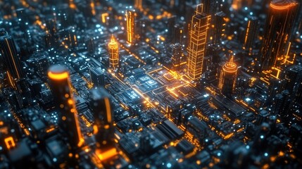 Obraz premium Futuristic Cityscape with Glowing Lights and Networks