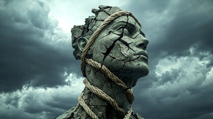 A striking sculpture of a human head, cracked like dry earth. The figure is tied with rope, symbolizing confinement. Captivating and thought-provoking art, this image evokes emotion. AI