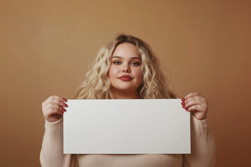 Fototapeta premium blonde fat woman holding a white sign on a brown background, obese woman with empty poster for text, blank white advertising board