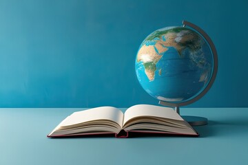Innovative Global Education Featuring Open Journal and Augmented Globe in Tranquil Blue Environment