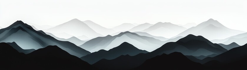 A serene landscape of layered mountains in monochrome, evoking tranquility and natural beauty in minimalist design.